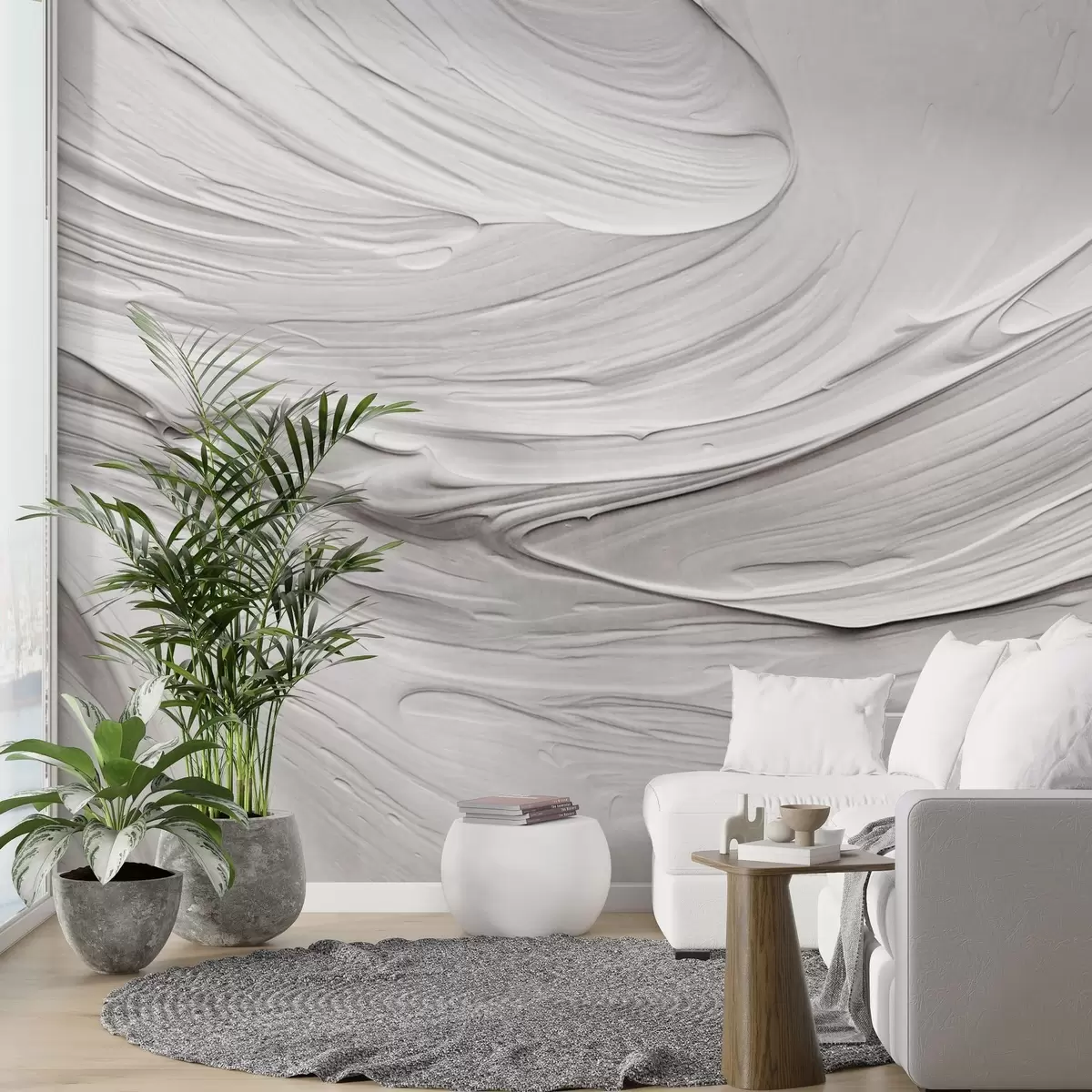 wall murals Имитација апстрактних текстурираних потеза беле боје са вртложним узорком, неутрална, минималистичка модерна композиција w09394