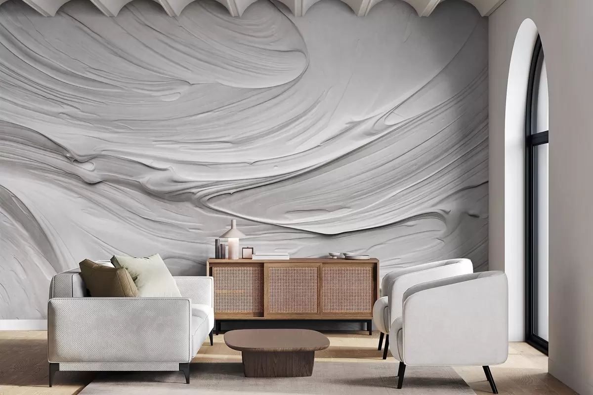 wall murals Имитација апстрактних текстурираних потеза беле боје са вртложним узорком, неутрална, минималистичка модерна композиција w09394