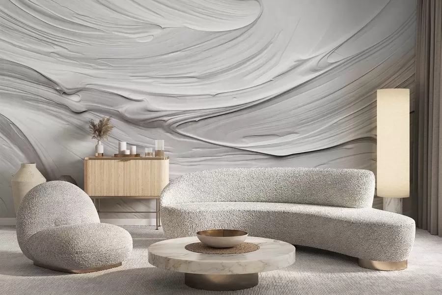 wall murals Имитација апстрактних текстурираних потеза беле боје са вртложним узорком, неутрална, минималистичка модерна композиција w09394