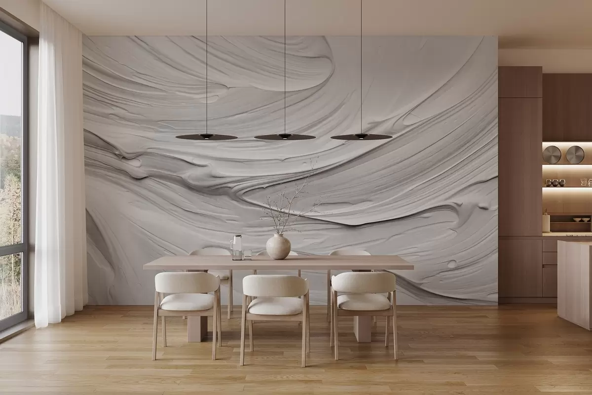 wall murals Имитација апстрактних текстурираних потеза беле боје са вртложним узорком, неутрална, минималистичка модерна композиција w09394