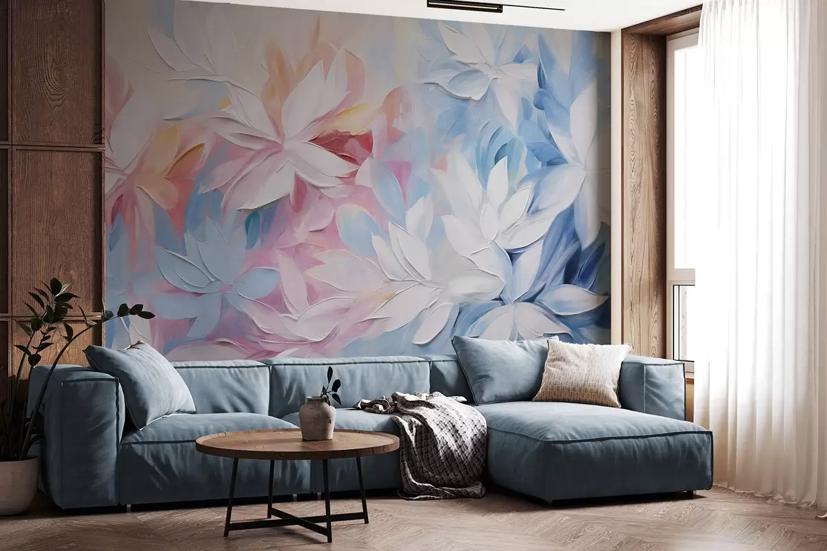 wall murals Бело текстурирано цвеће са ружичастим и плавим листовима, апстрактни стил уљаног сликарства, меки потези четкице, пастелне боје  w09396