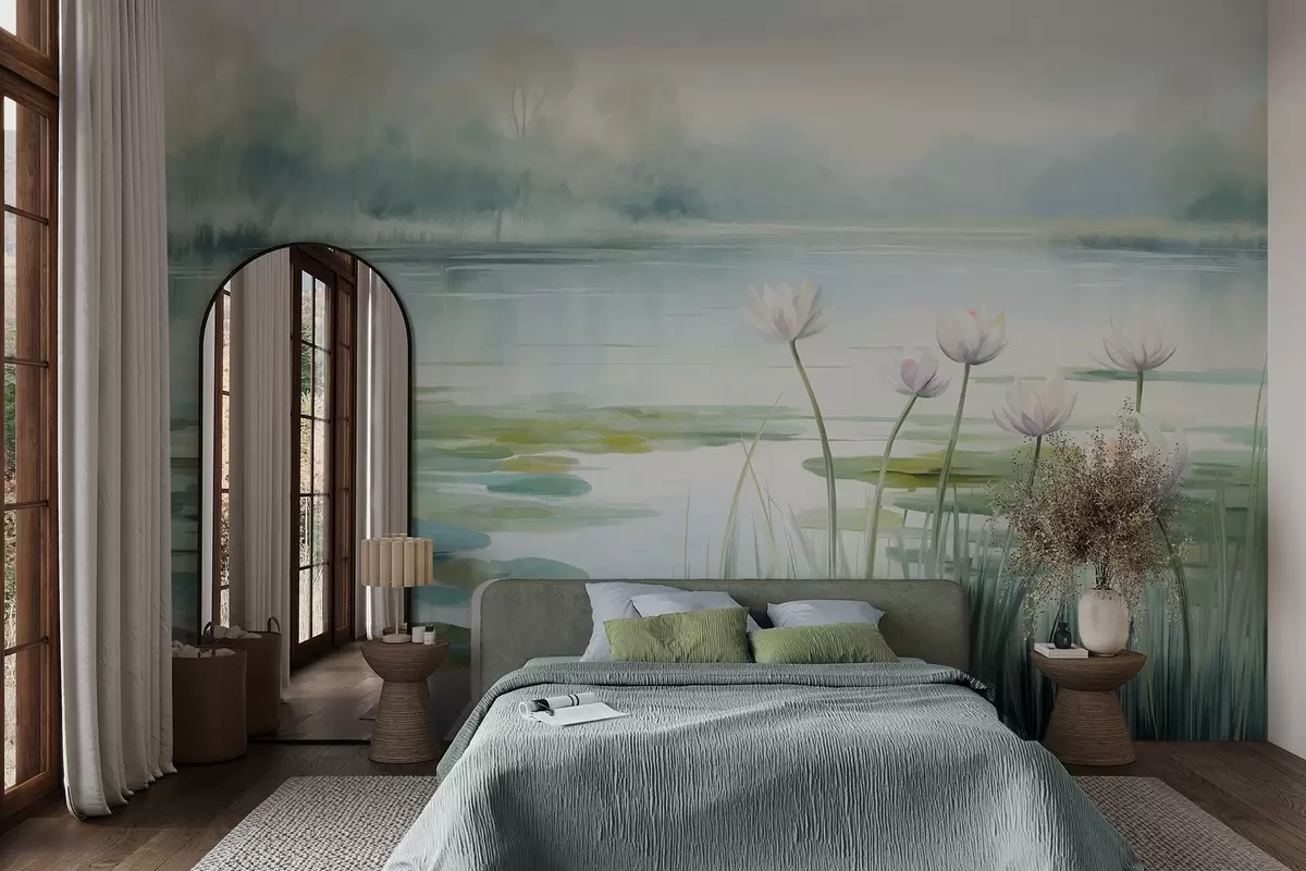 wall murals Пејзаж са језером, локвањама и листовима локвања, дрвећем у позадини, у мирном окружењу, светлоплави и зелени тонови w09395