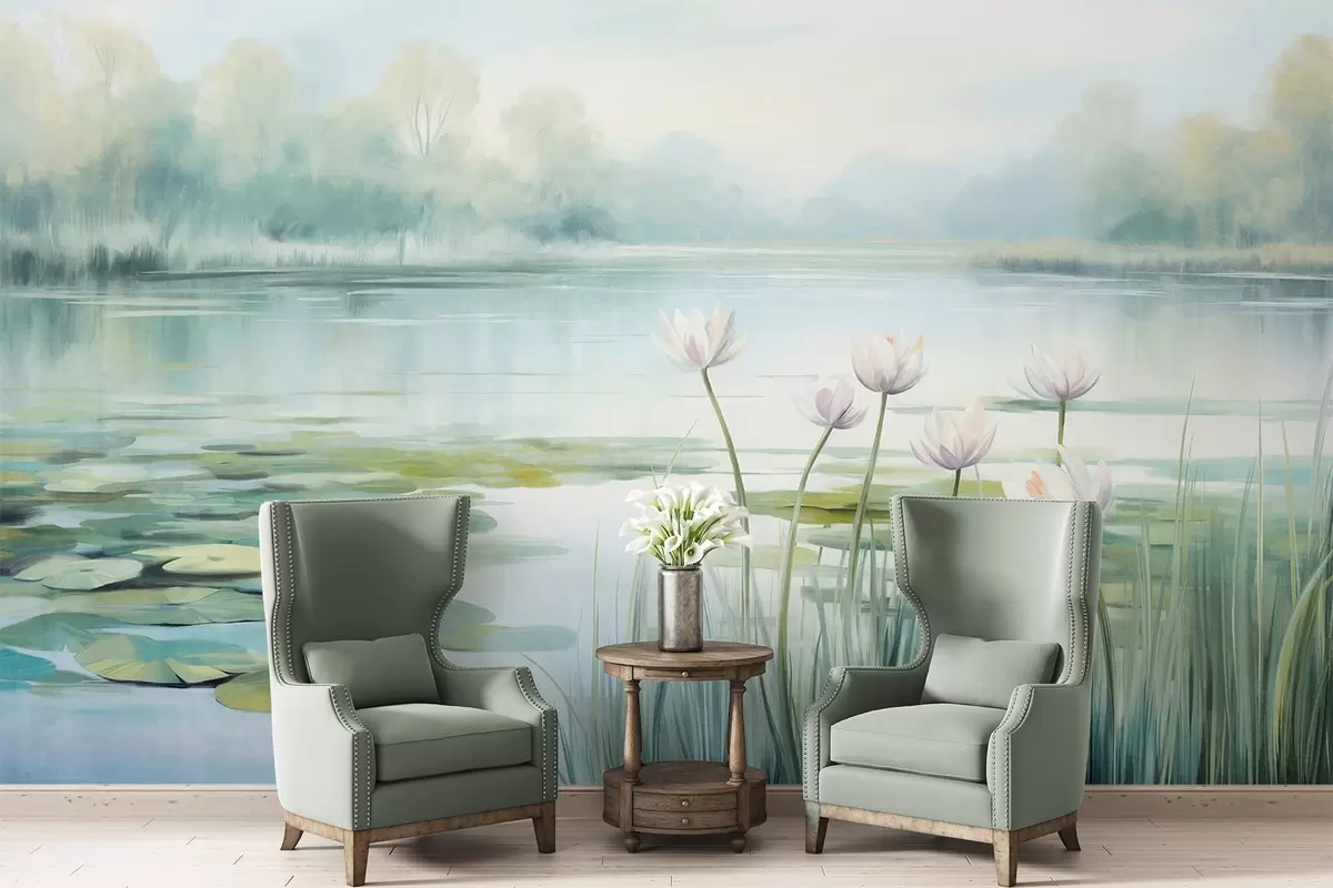 wall murals Пејзаж са језером, локвањама и листовима локвања, дрвећем у позадини, у мирном окружењу, светлоплави и зелени тонови w09395