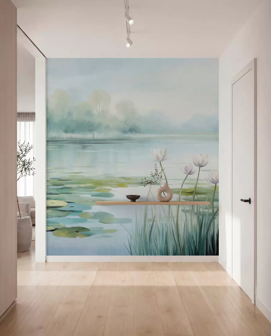 wall murals Пејзаж са језером, локвањама и листовима локвања, дрвећем у позадини, у мирном окружењу, светлоплави и зелени тонови w09395