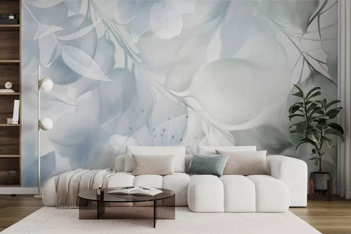 wall murals Цветна уметност са пригушеним плавим и зеленим цвећем, лишћем и гранама, меким пастелним бојама, ефектом текстуре акварела w09397v1