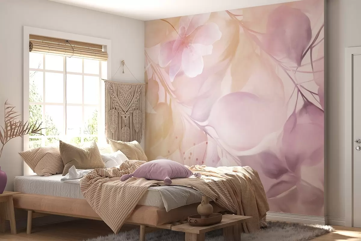 wall murals Цветна уметност са пригушеним жутим и љубичастим цветовима, лишћем и гранама, меким пастелним бојама, ефектом текстуре акварела w09397v2