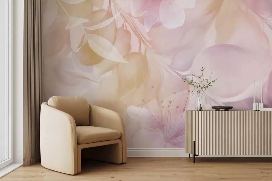 wall murals Цветна уметност са пригушеним жутим и љубичастим цветовима, лишћем и гранама, меким пастелним бојама, ефектом текстуре акварела w09397v2