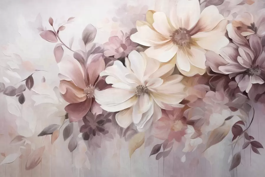 wall murals Цветни аранжман са великим текстурираним цветовима нежних боја у нијансама бордо, брескве и беле, са нежним листовима w09398