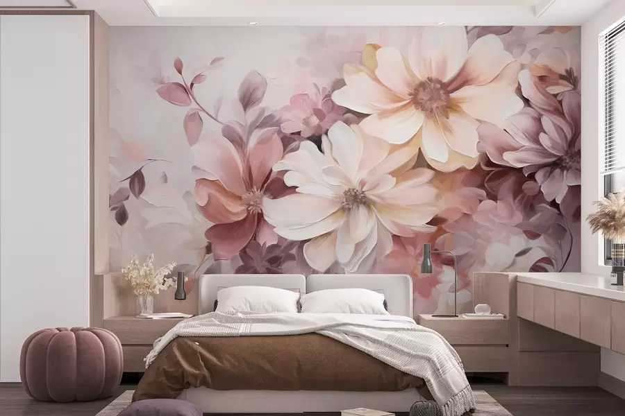 wall murals Цветни аранжман са великим текстурираним цветовима нежних боја у нијансама бордо, брескве и беле, са нежним листовима w09398