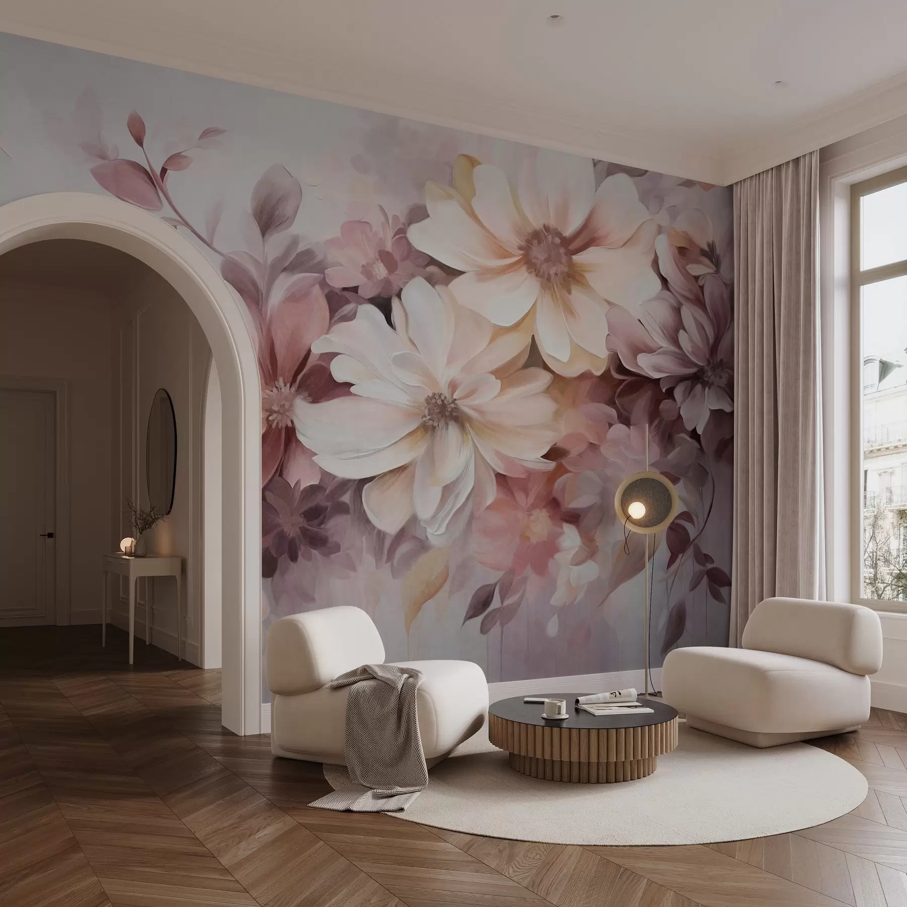wall murals Цветни аранжман са великим текстурираним цветовима нежних боја у нијансама бордо, брескве и беле, са нежним листовима w09398
