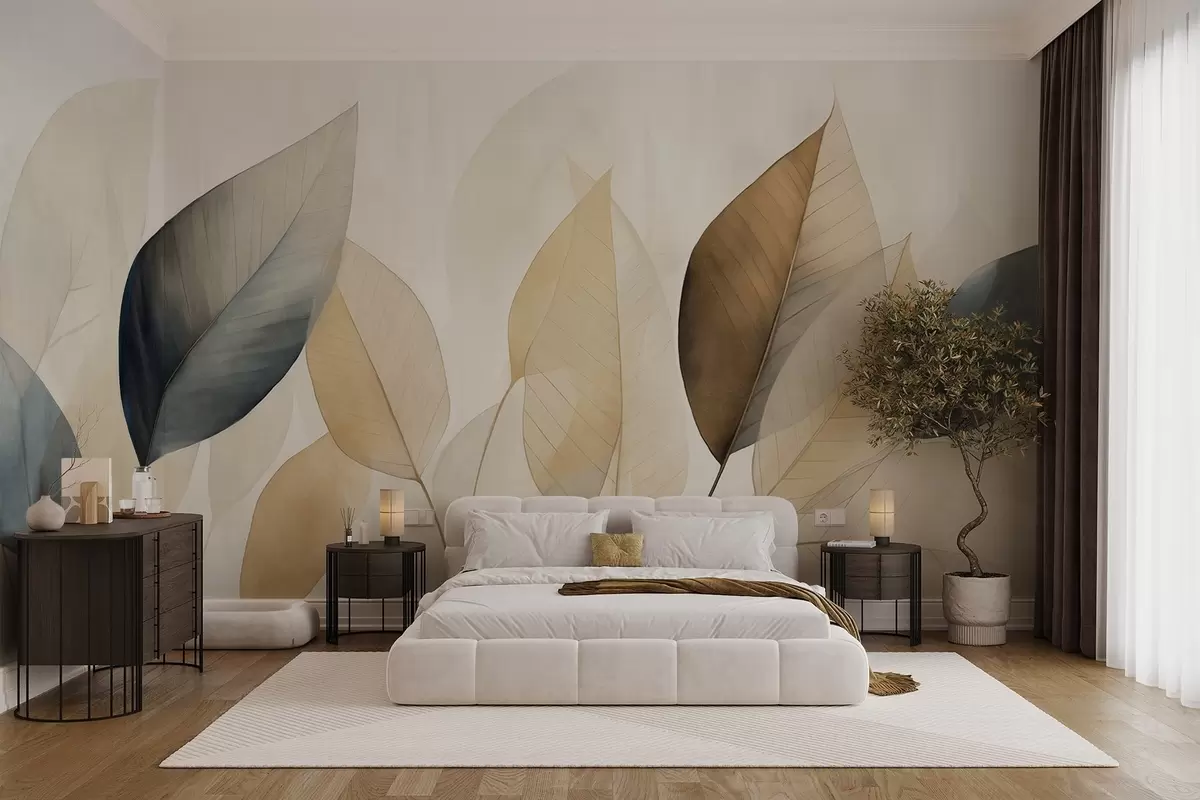 wall murals Текстурирана имитација лишћа у нијансама смеђе, жуте и сиве, са нежним жилама и стабљикама w09400