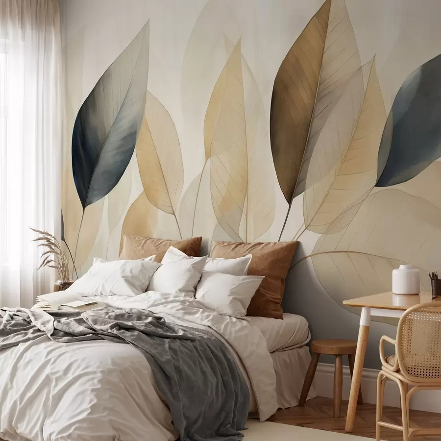 wall murals Текстурирана имитација лишћа у нијансама смеђе, жуте и сиве, са нежним жилама и стабљикама w09400