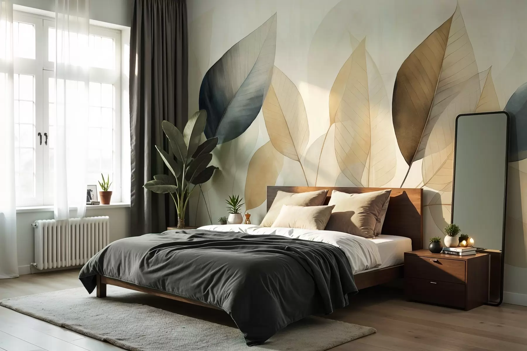 wall murals Текстурирана имитација лишћа у нијансама смеђе, жуте и сиве, са нежним жилама и стабљикама w09400