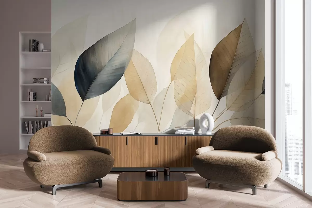 wall murals Текстурирана имитација лишћа у нијансама смеђе, жуте и сиве, са нежним жилама и стабљикама w09400