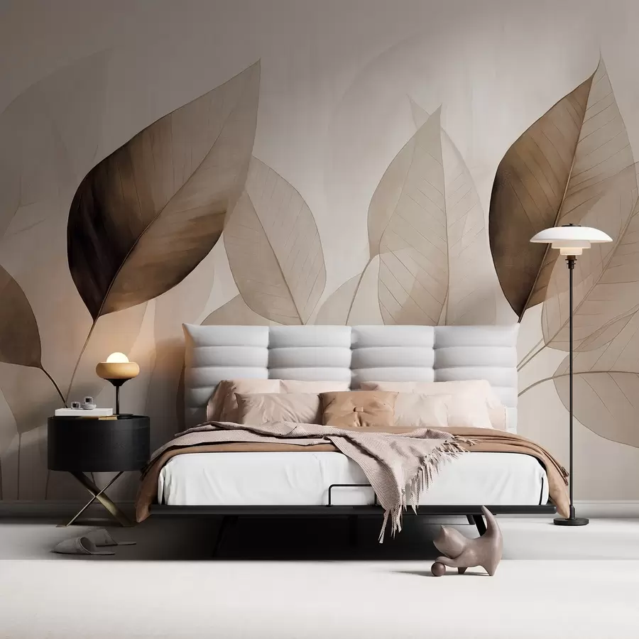 wall murals Текстурирана имитација лишћа у нијансама браон и беж са нежним жилама и стабљикама w09400v1