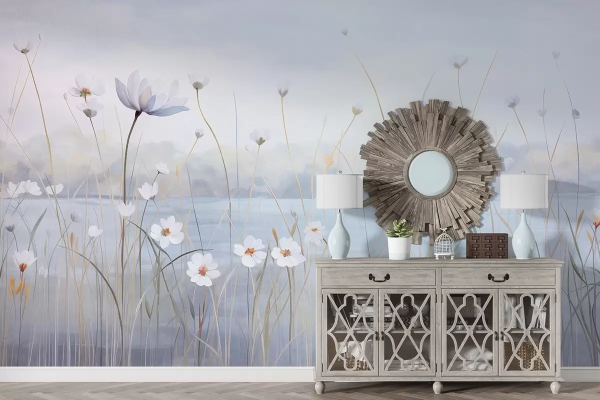 wall murals Бело цвеће са дугим стабљикама у пољу, светло плаво небо, меке боје, текстурирано, минималистички стил, инспирисано природом, мирна позадина w09401