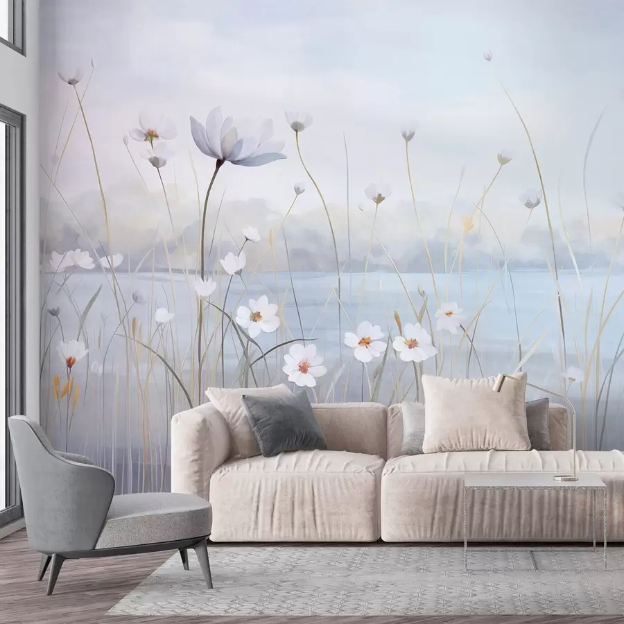 wall murals Бело цвеће са дугим стабљикама у пољу, светло плаво небо, меке боје, текстурирано, минималистички стил, инспирисано природом, мирна позадина w09401