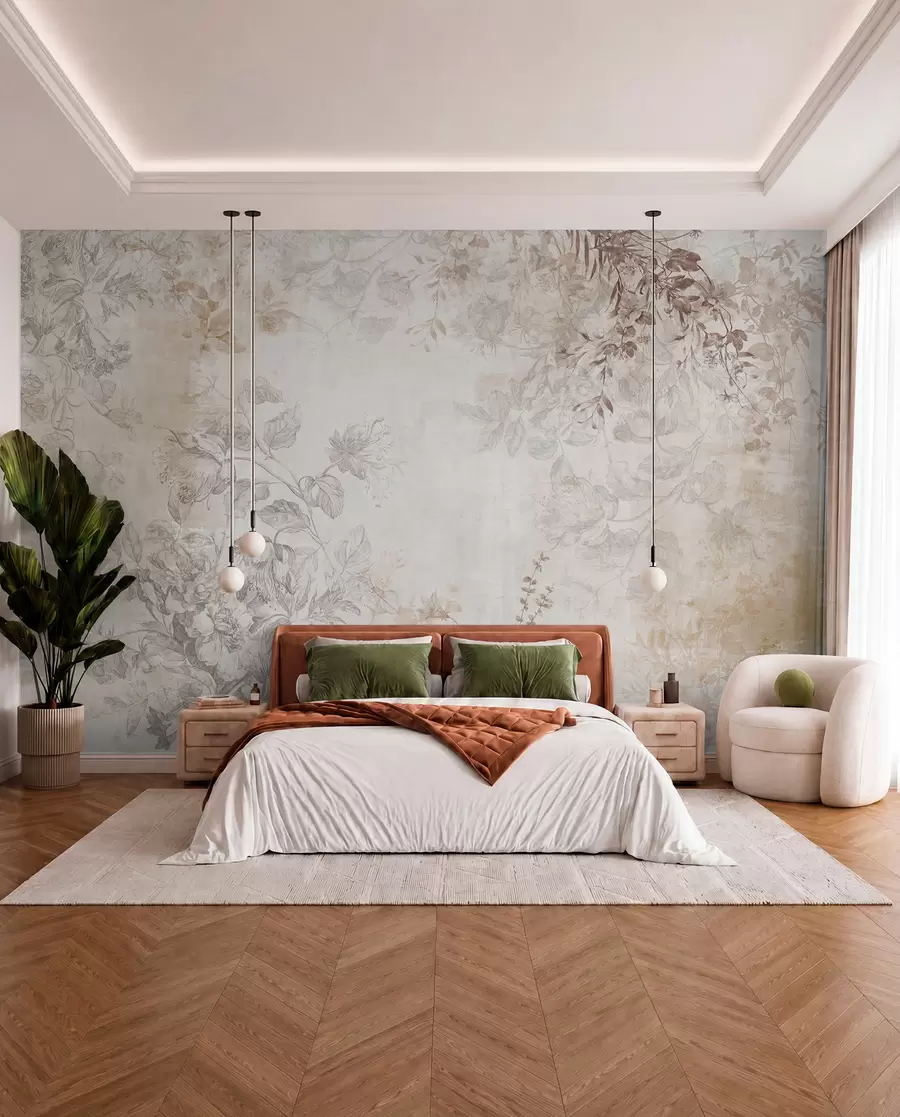 wall murals Винтаге текстурирана цветна уметност са илустрацијама нежног баштенског цвећа и лишћа у стилу цртања, меки пастелни беж и сепија тонови w09402