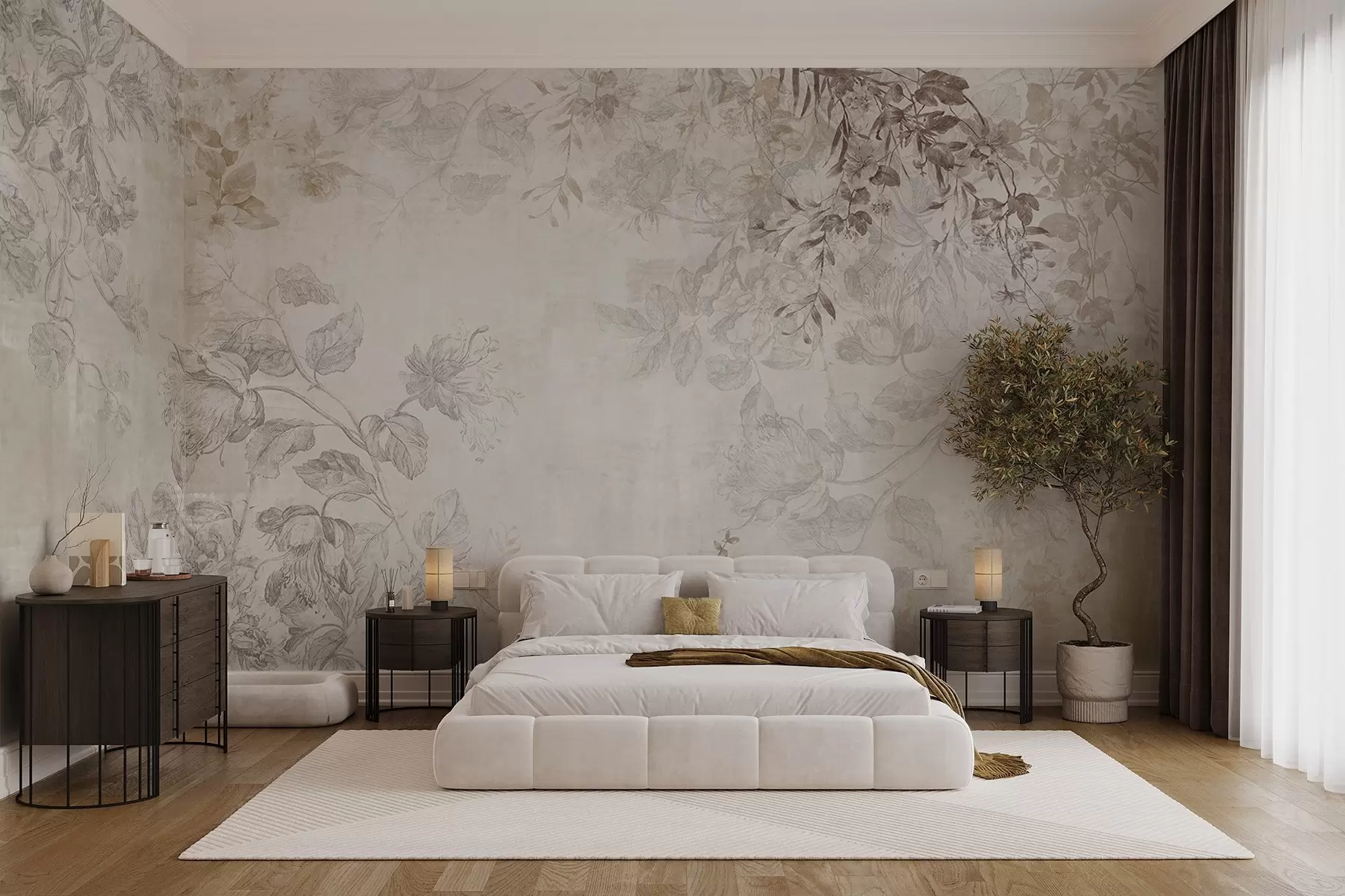 wall murals Винтаге текстурирана цветна уметност са илустрацијама нежног баштенског цвећа и лишћа у стилу цртања, меки пастелни беж и сепија тонови w09402