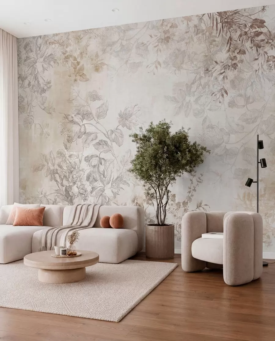 wall murals Винтаге текстурирана цветна уметност са илустрацијама нежног баштенског цвећа и лишћа у стилу цртања, меки пастелни беж и сепија тонови w09402