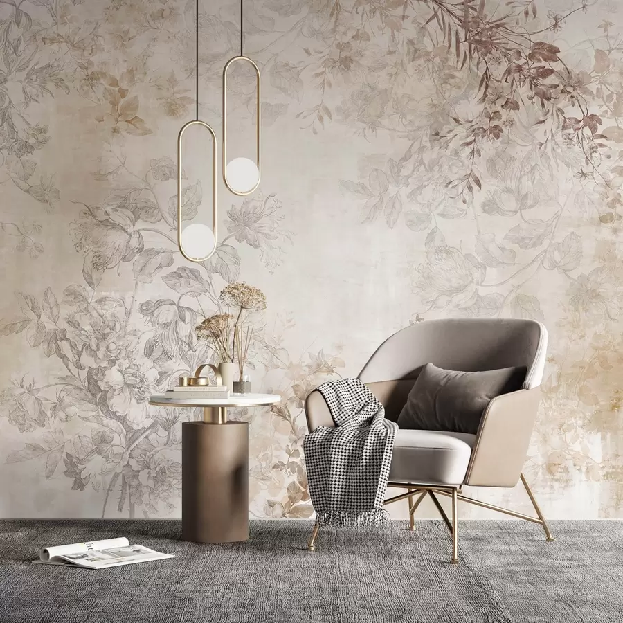 wall murals Винтаге текстурирана цветна уметност са илустрацијама нежног баштенског цвећа и лишћа у стилу цртања, меки пастелни беж и сепија тонови w09402