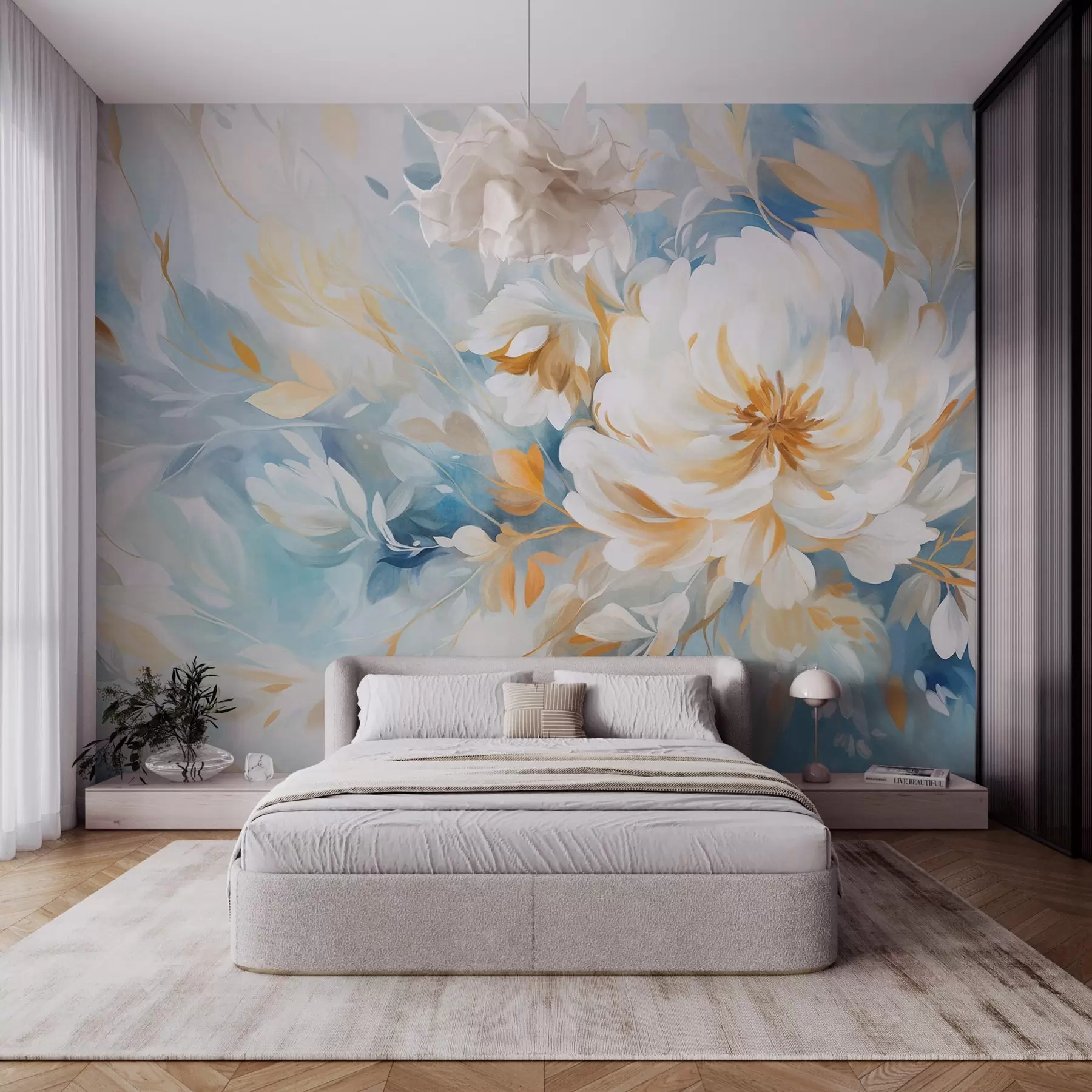 wall murals Текстурирани бели цвет са плавим и жутим детаљима и листовима на плавој и белој апстрактној позадини, стил сликања w09403