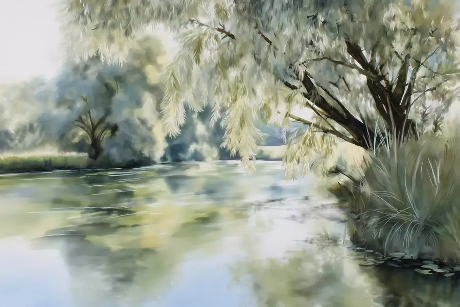 wall murals Дрво изнад језера у акварелном стилу w04501