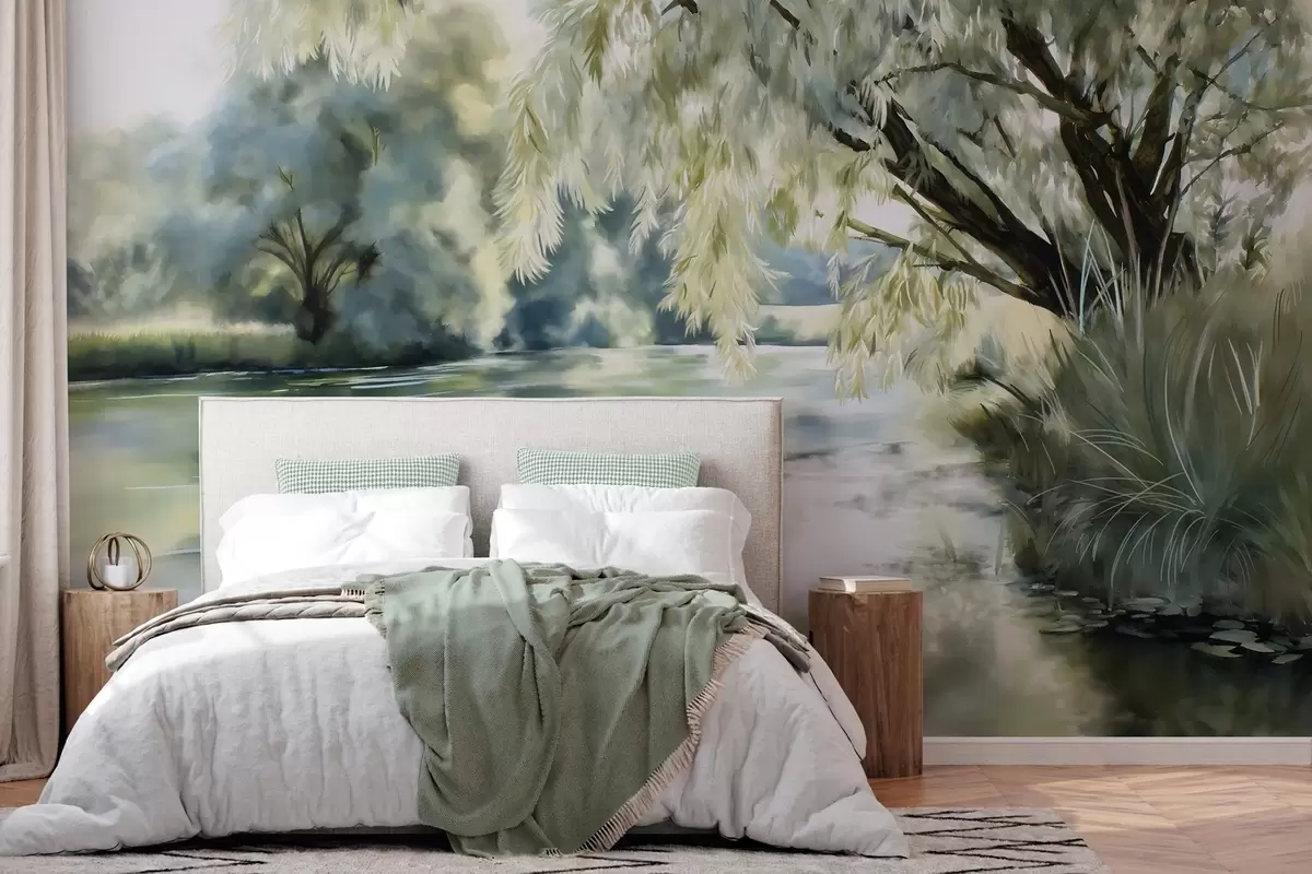 wall murals Дрво изнад језера у акварелном стилу w04501