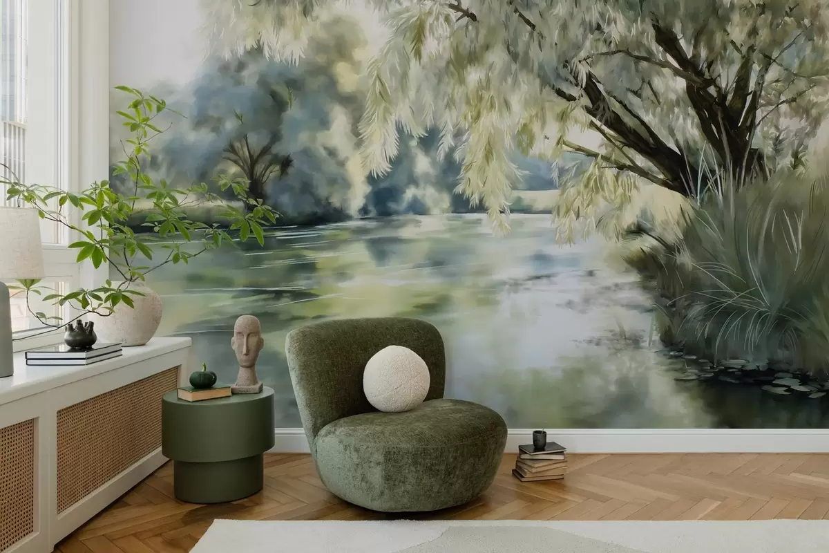 wall murals Дрво изнад језера у акварелном стилу w04501