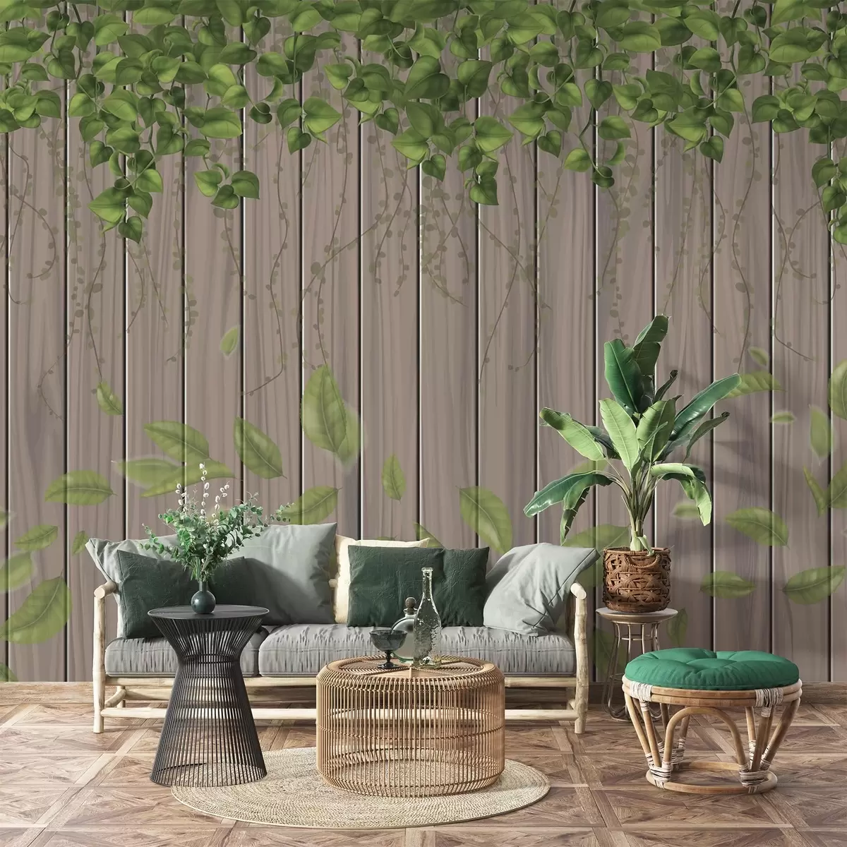 wall murals Имитација дрвених дасака са висећим листовима w04603