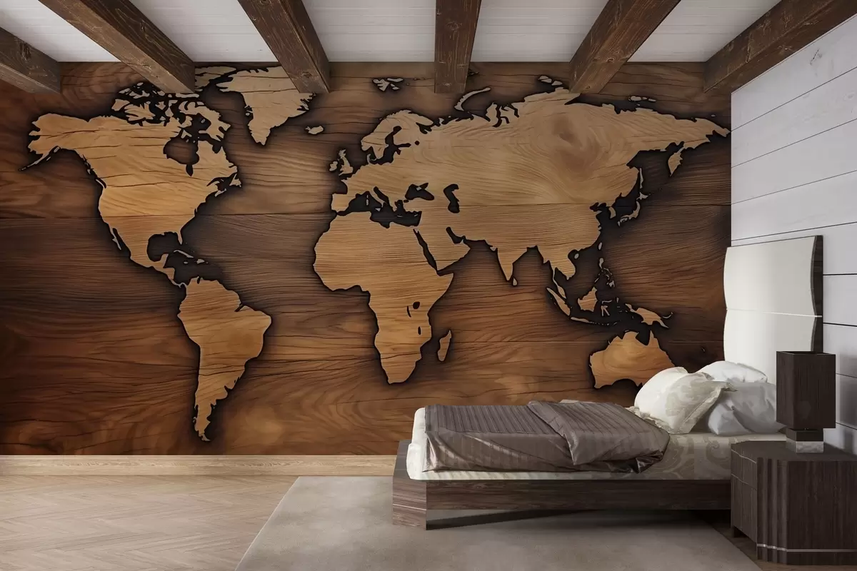 wall murals Дрвена мапа света са рељефним изрезом w04577