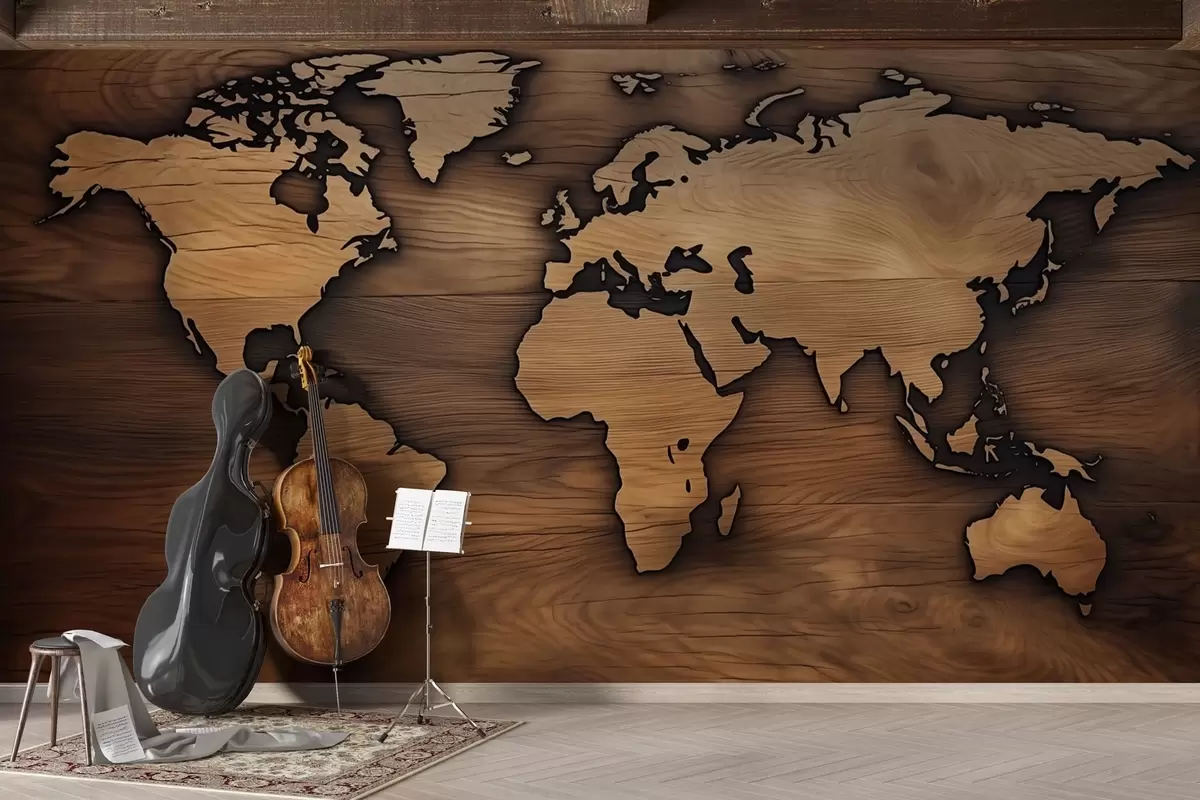 wall murals Дрвена мапа света са рељефним изрезом w04577
