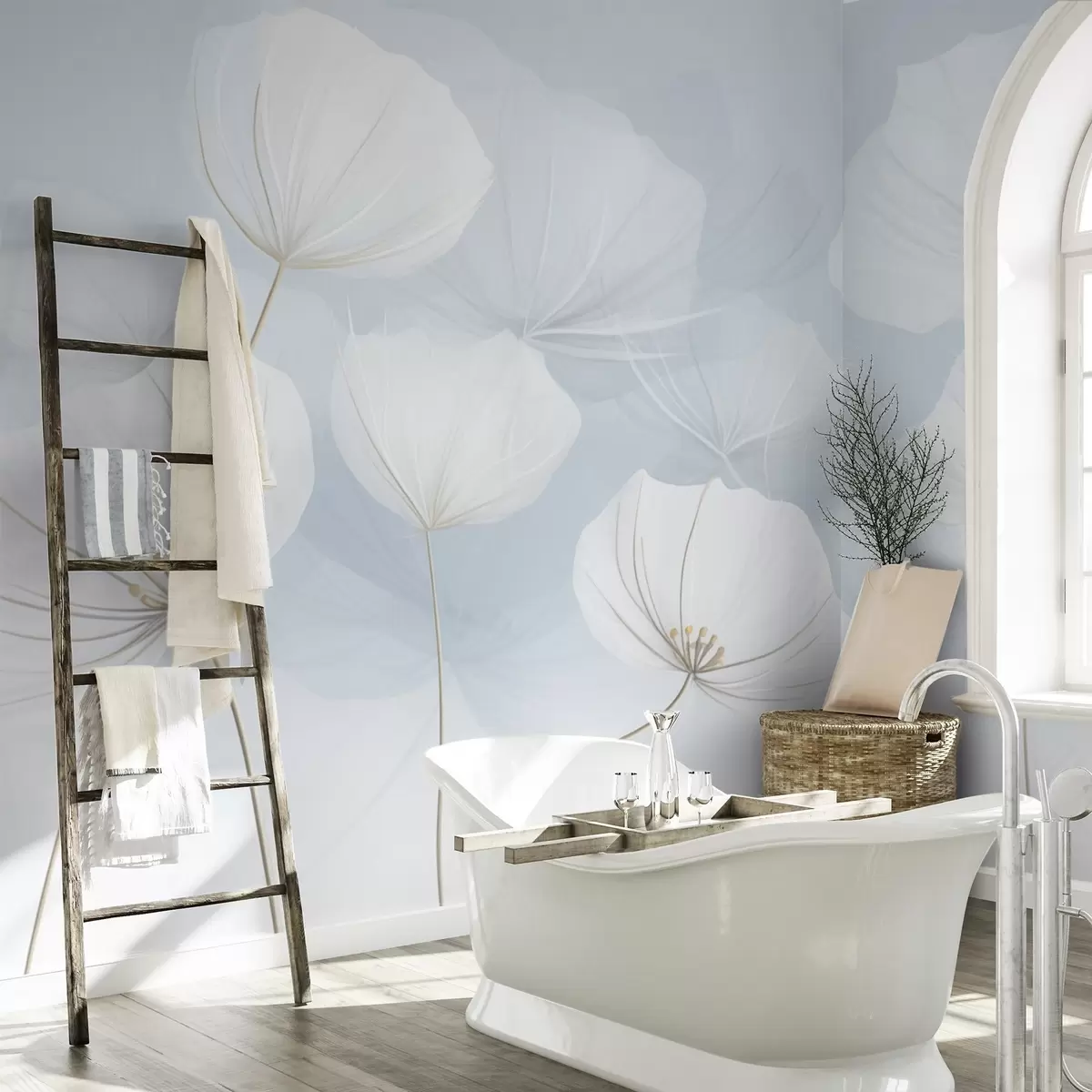wall murals Прозрачно бело цвеће на плавој позадини w04580