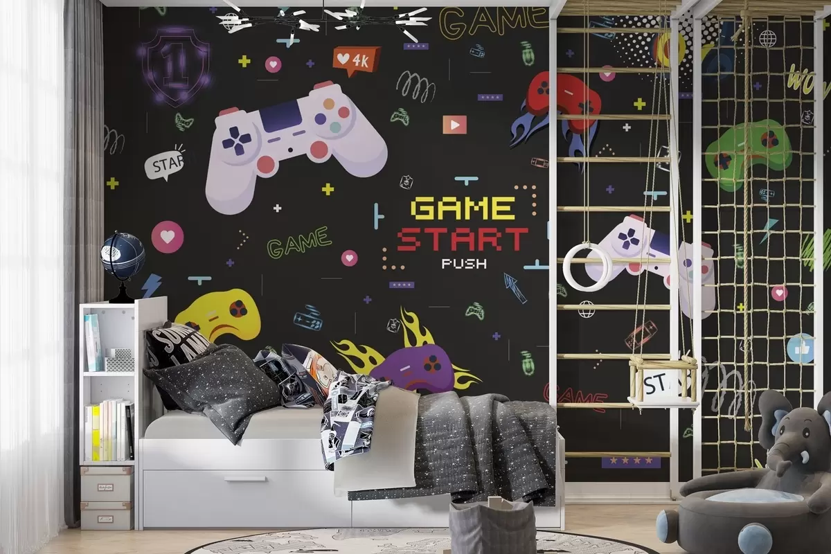 wall murals Светли гејмерски узорак са конзолама и пикселизованим текстом w04581