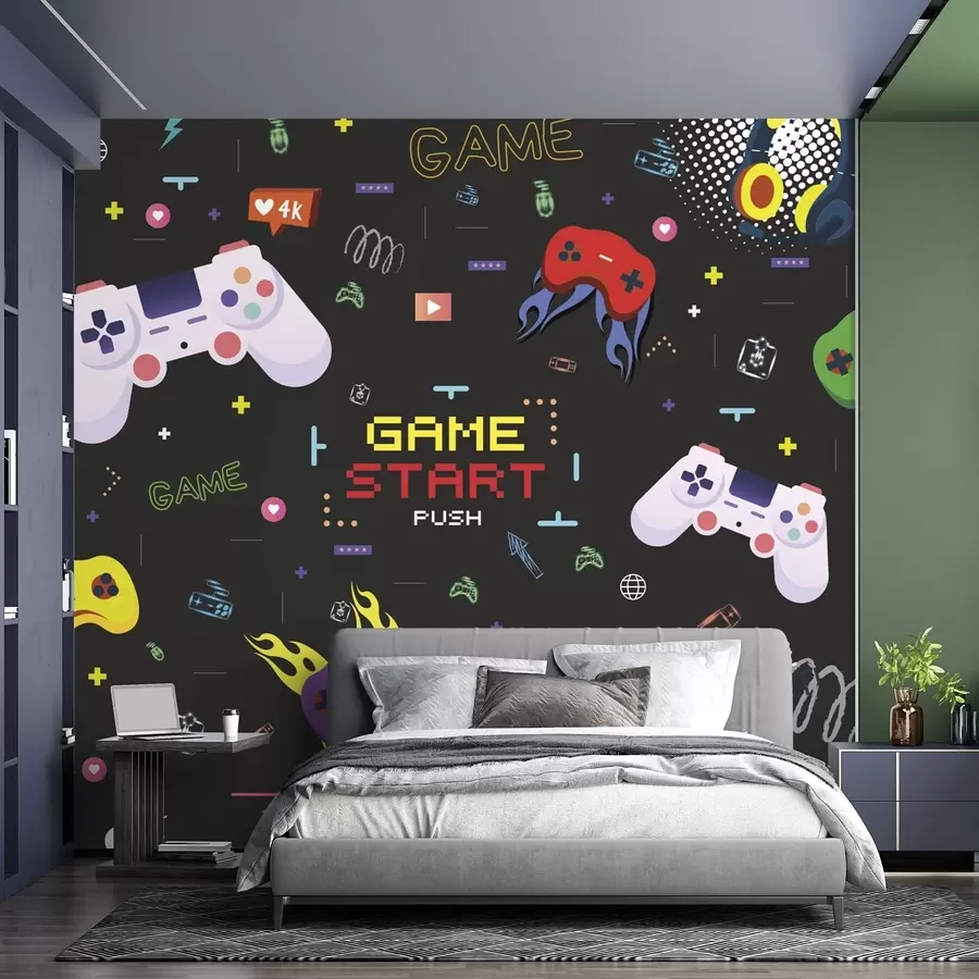 wall murals Светли гејмерски узорак са конзолама и пикселизованим текстом w04581
