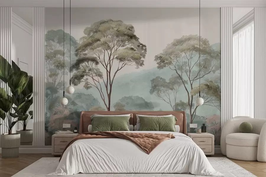 wall murals Магловито јутро у шуми у стилу акварела w09405