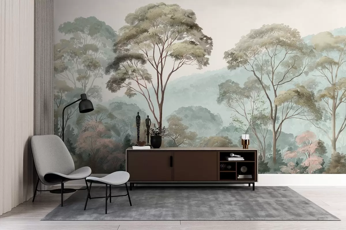 wall murals Магловито јутро у шуми у стилу акварела w09405