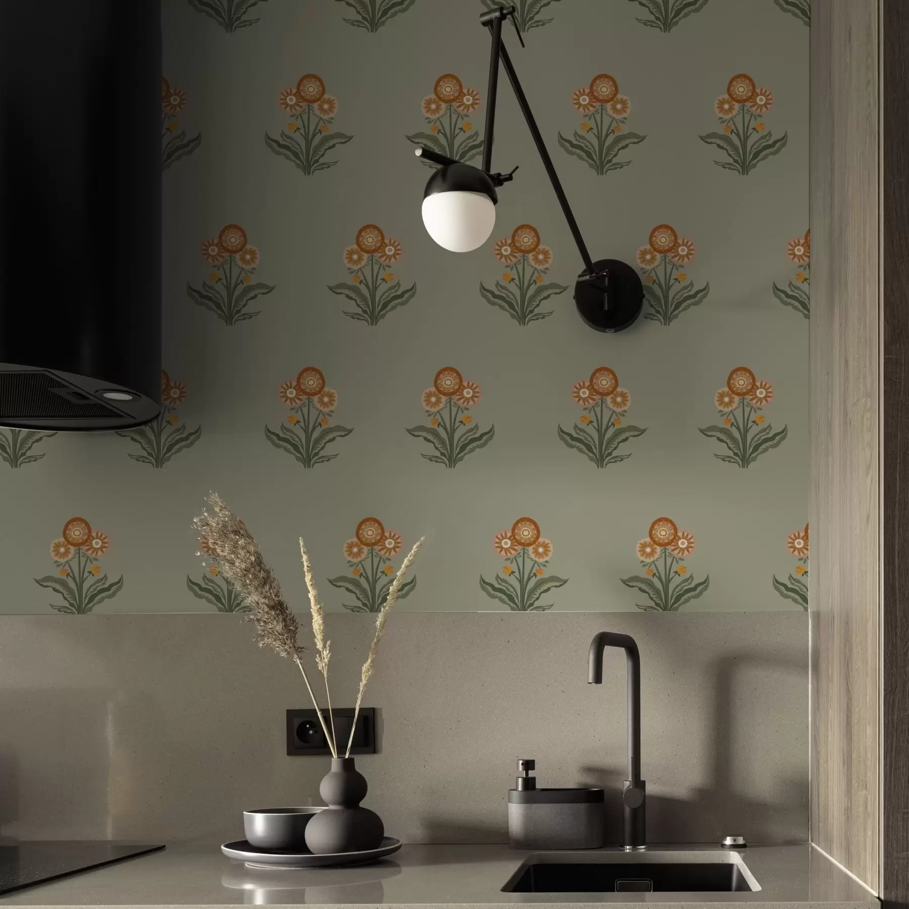 wall murals Стилизовано цвеће на маслинастој позадини, топли тонови a00494v2