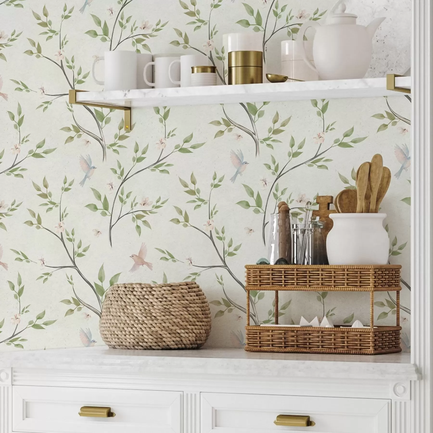 wall murals Акварелне гране са лишћем и птицама на светлом тлу a00496