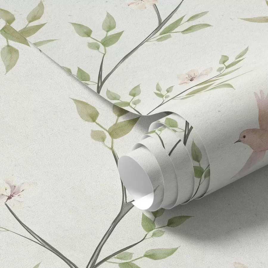 wall murals Акварелне гране са лишћем и птицама на светлом тлу a00496