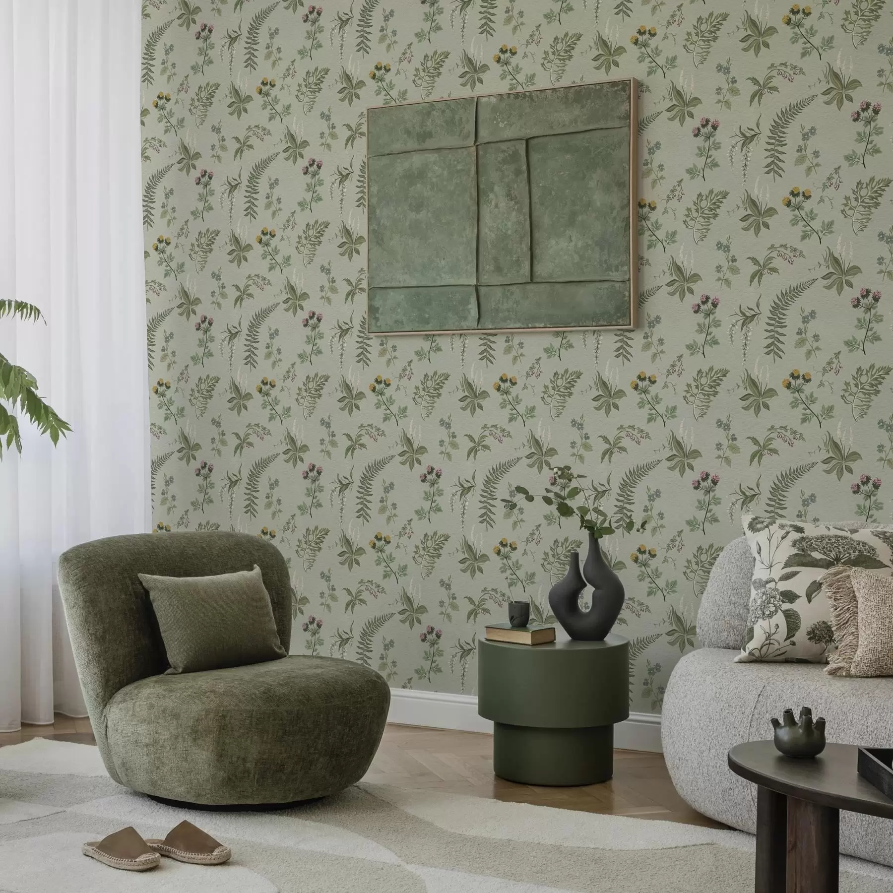 wall murals Ботаничке траве и папрати на бледо сивозеленој a00498