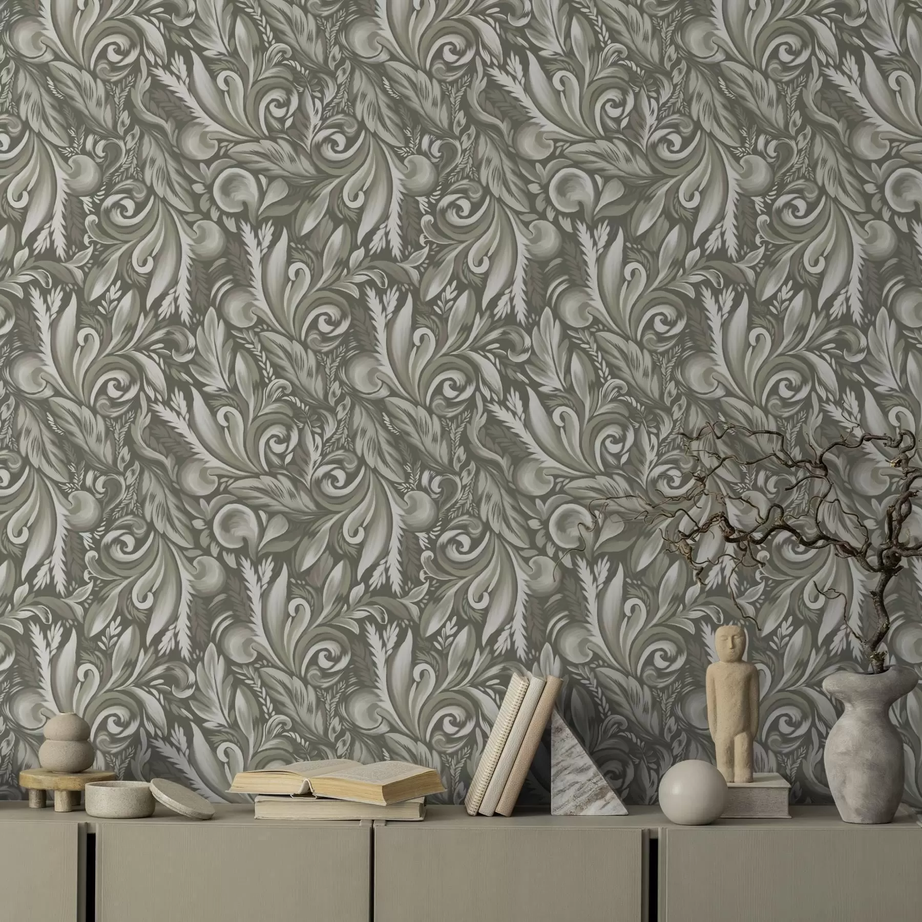 wall murals Акантови свици у маслинасто-беж палети a00501