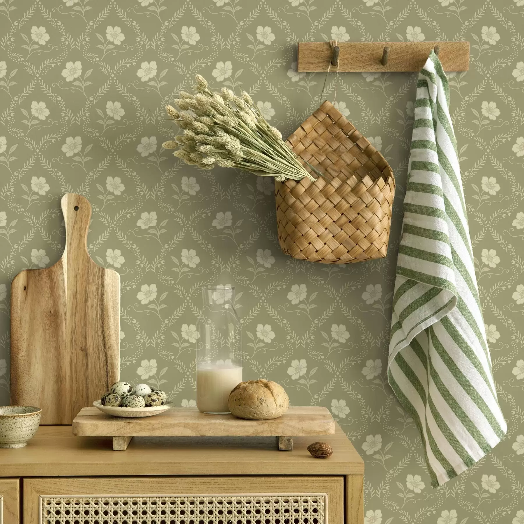 wall murals Маслинова решетка са кремастим цвећем, ретро украс a00585