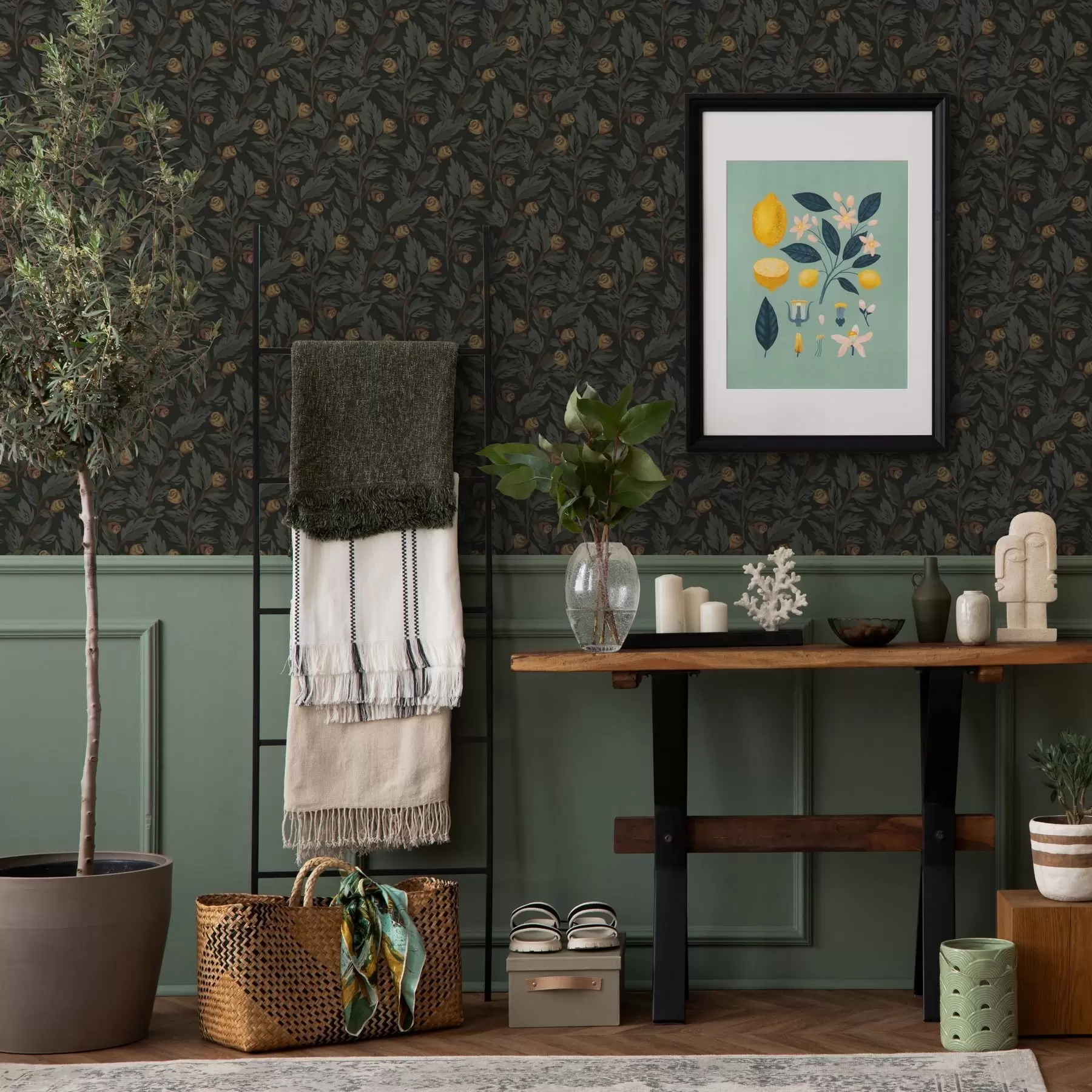 wall murals Тамни цветни узорак са жутим пупољцима и листовима a00598