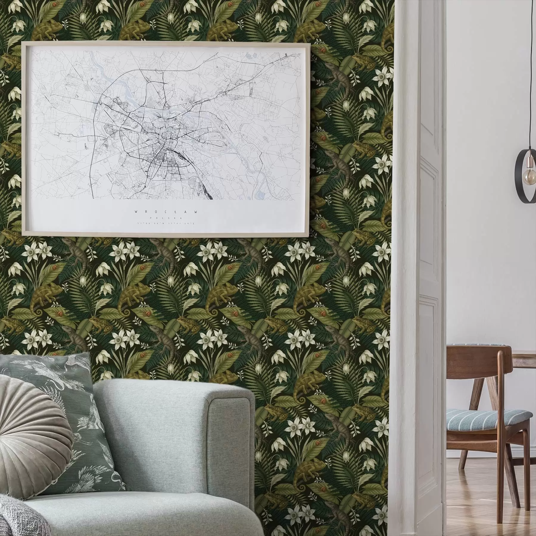 wall murals Камелеони и тропско лишће, бело цвеће, тамно тло a00608v1