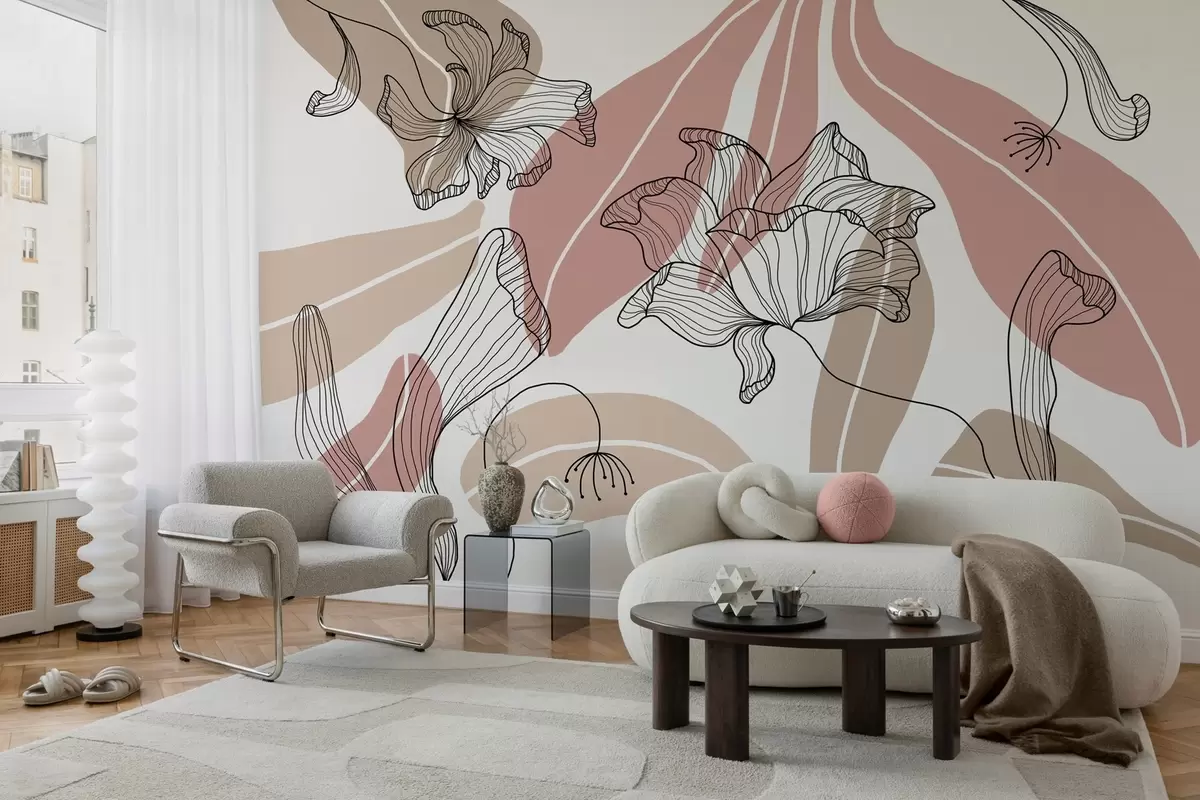 wall murals апстрактни листови и цветови у прашкастим и беж тоновима w04499