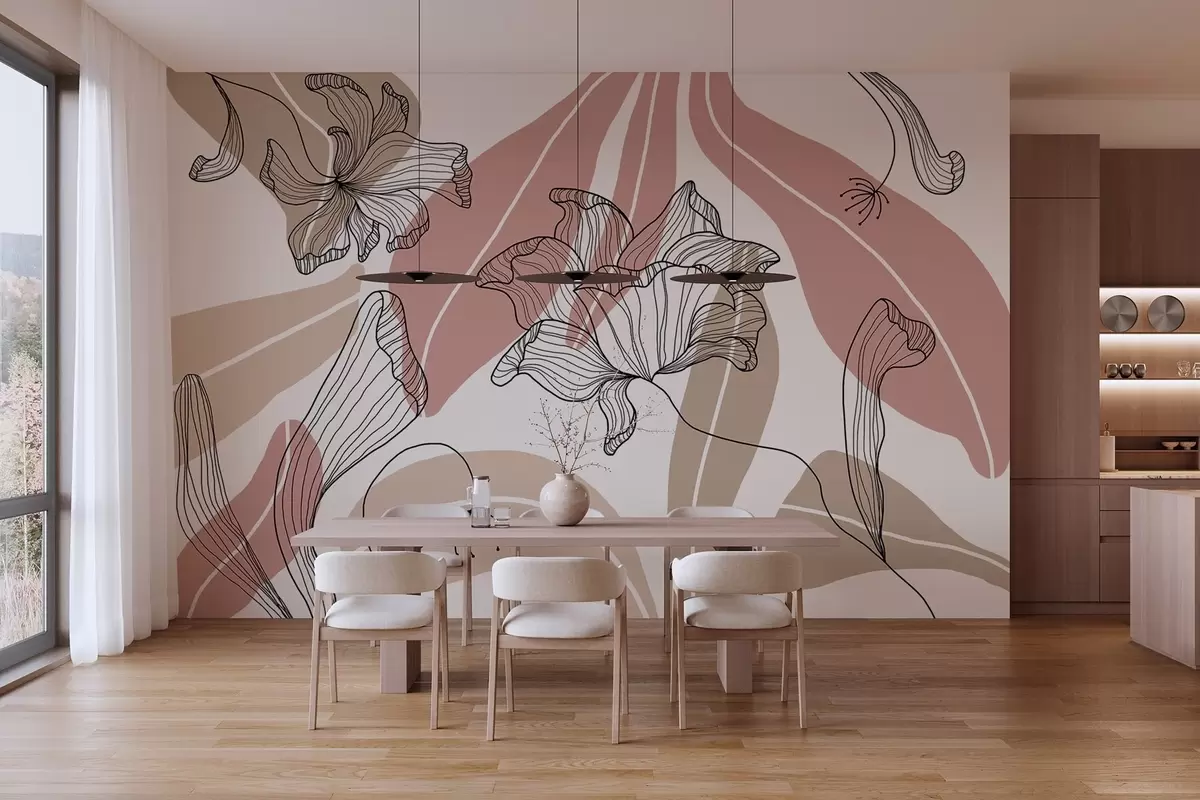wall murals апстрактни листови и цветови у прашкастим и беж тоновима w04499