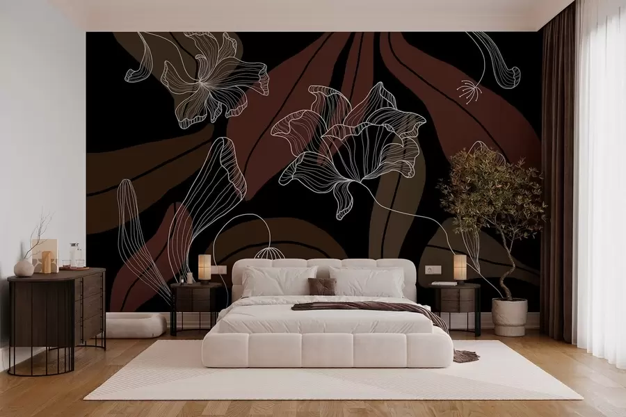 wall murals апстрактно лишће и цвеће у прашкастим и беж тоновима на тамној позадини w04499v3