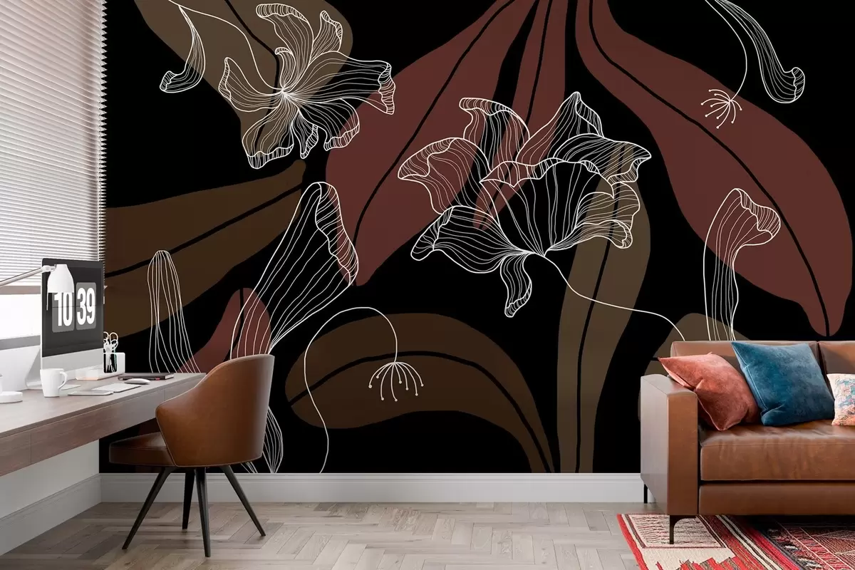 wall murals апстрактно лишће и цвеће у прашкастим и беж тоновима на тамној позадини w04499v3