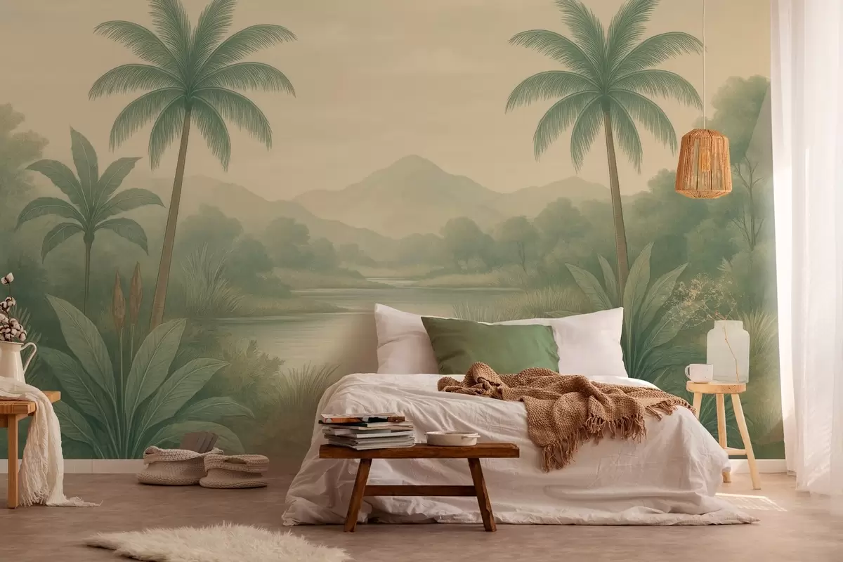 wall murals тропски пејзаж са палмама и реком w04623